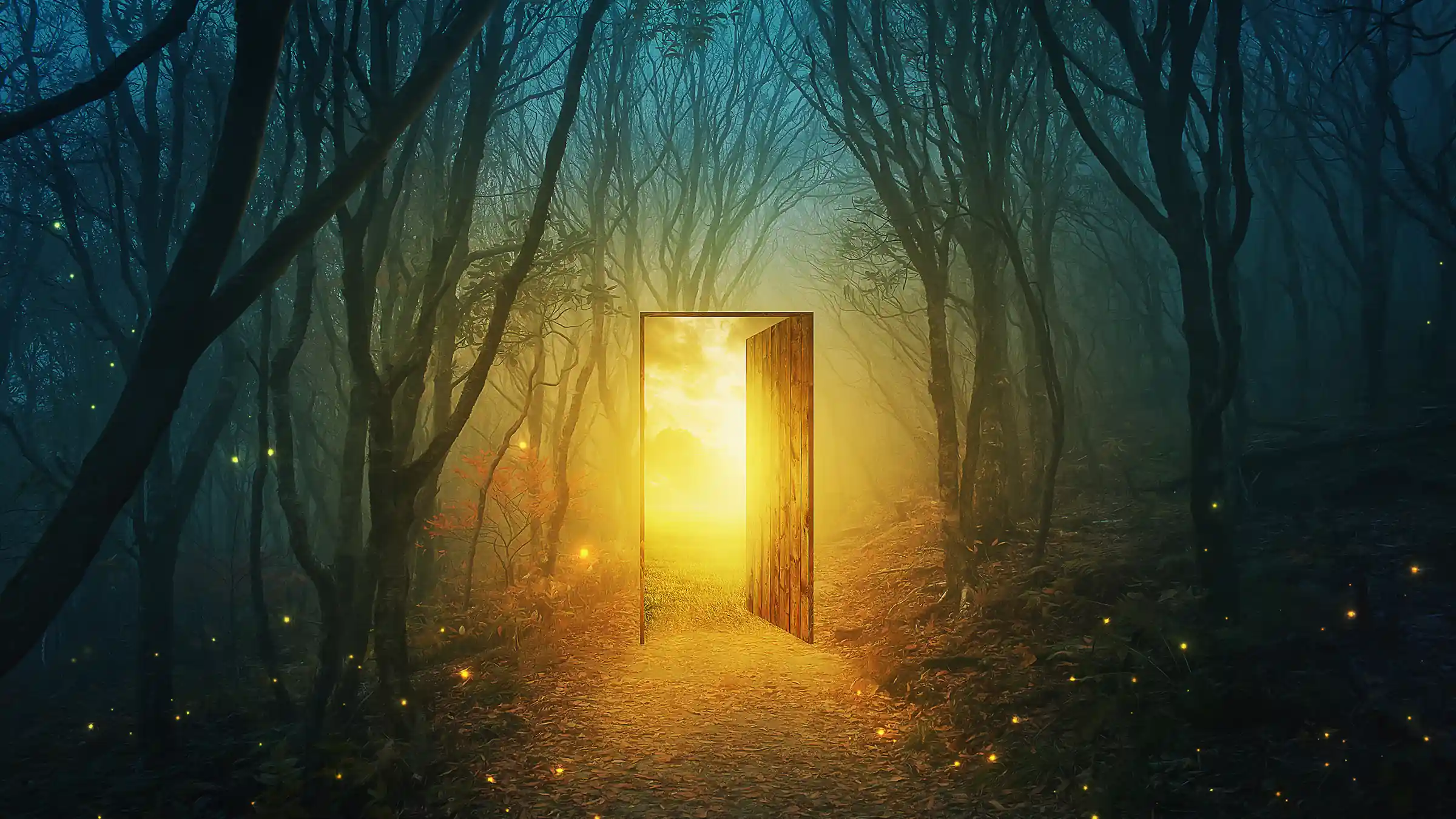 magical dark forest scene, a path leading to a magical door in the landscape, going into another dimension where bright yellow light emerges from
