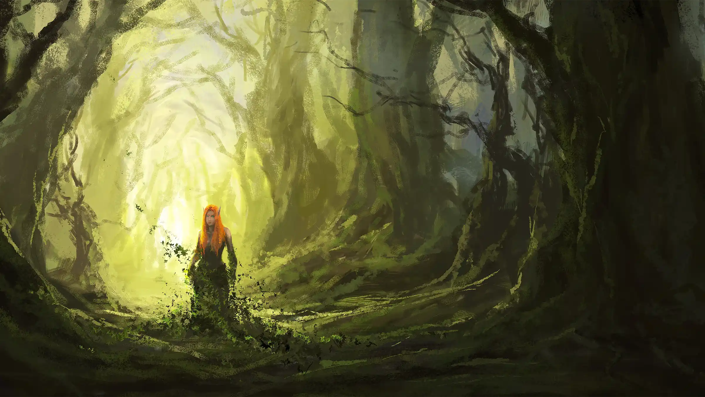 abstract illustration of a female elfen figure emerging in dark woods, a bright light behind it