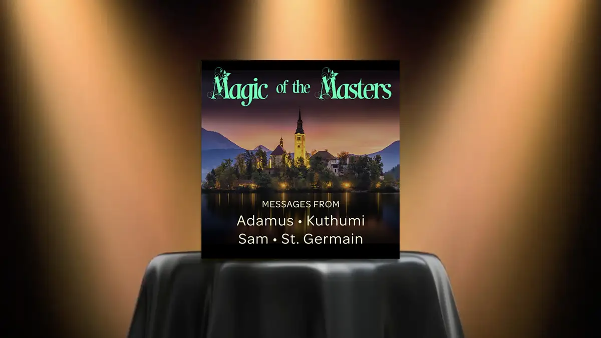 spotlight graphic: bar table with black cloth highlighted by three spotlights, with "magic of the masters" product cover presented on top of table