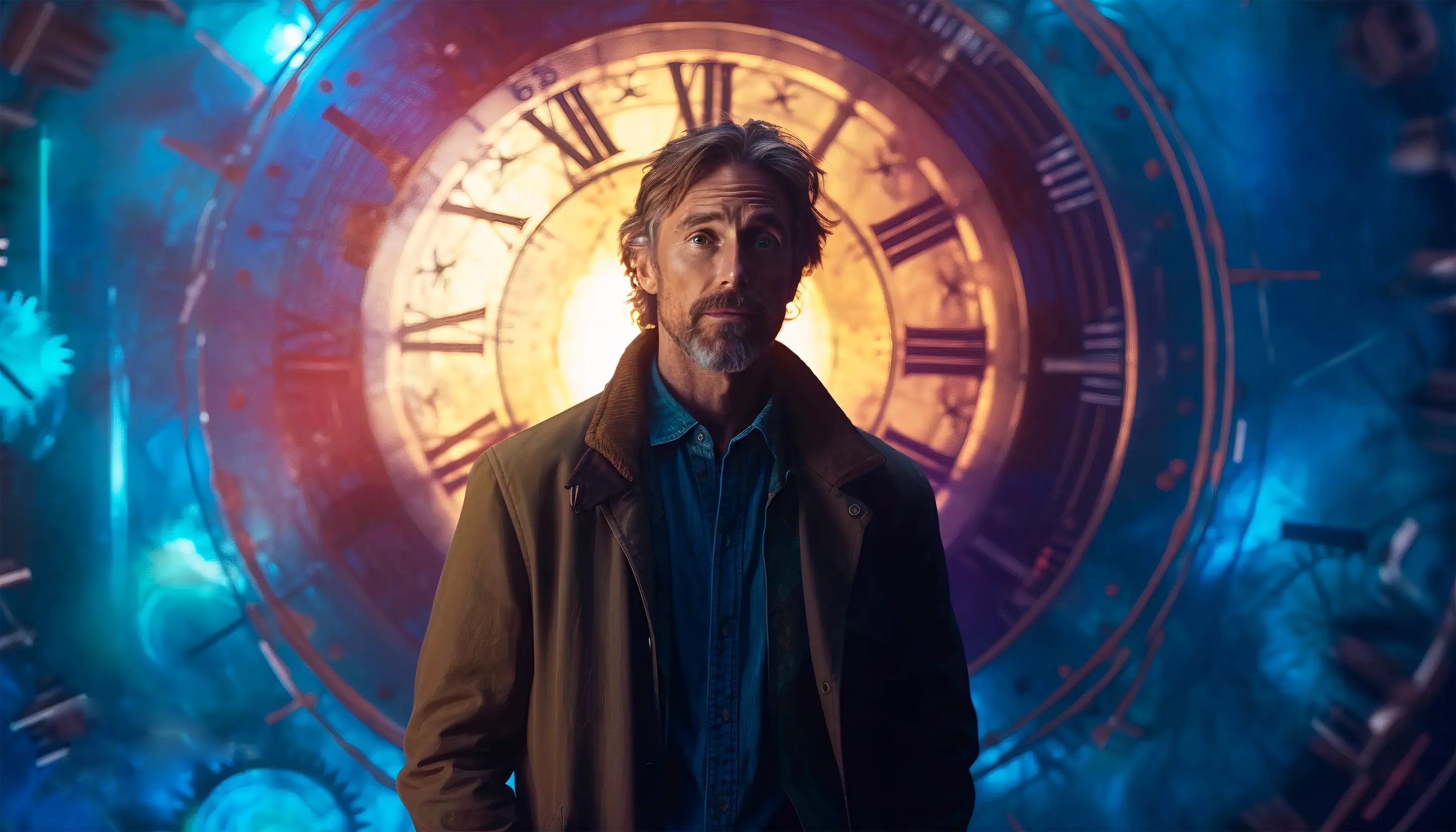 middle-aged man standing in front of a time spiral