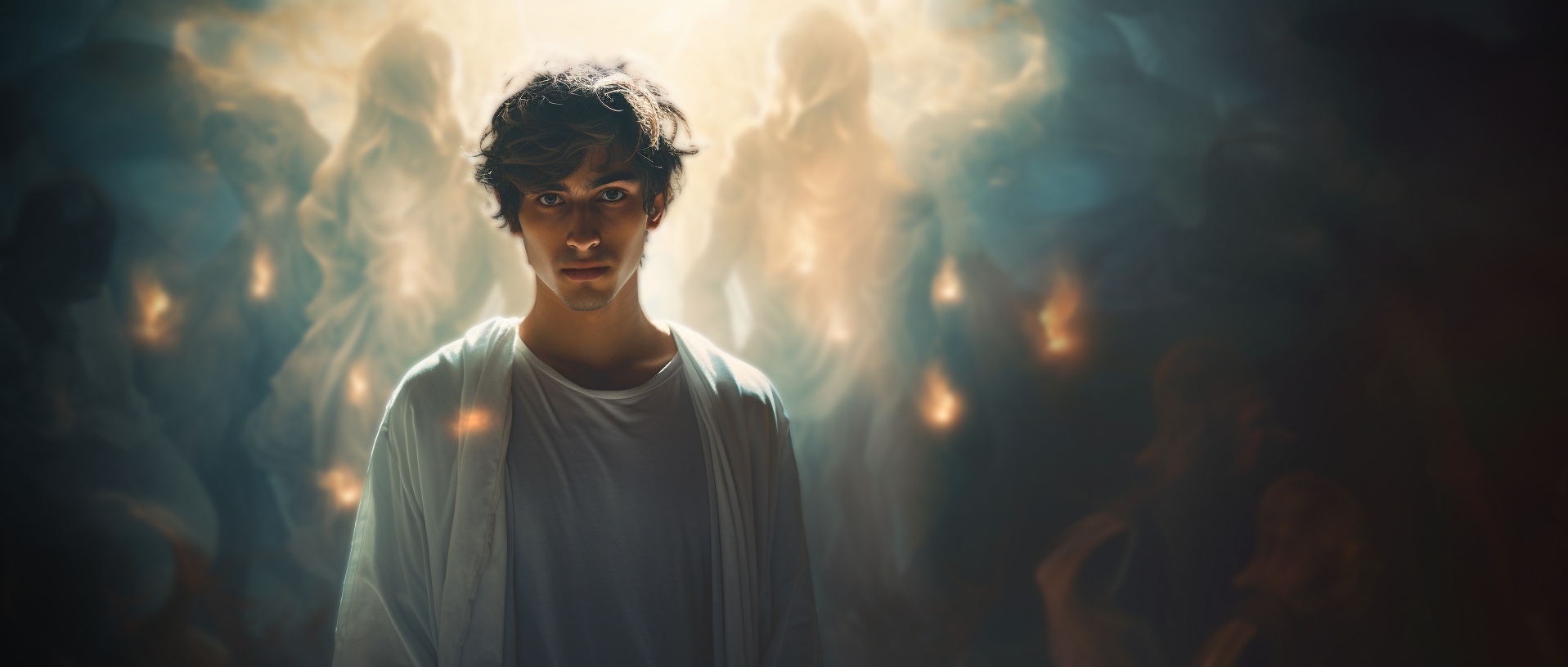 young man in the spotlight, surrounded by his demons in the blurred background