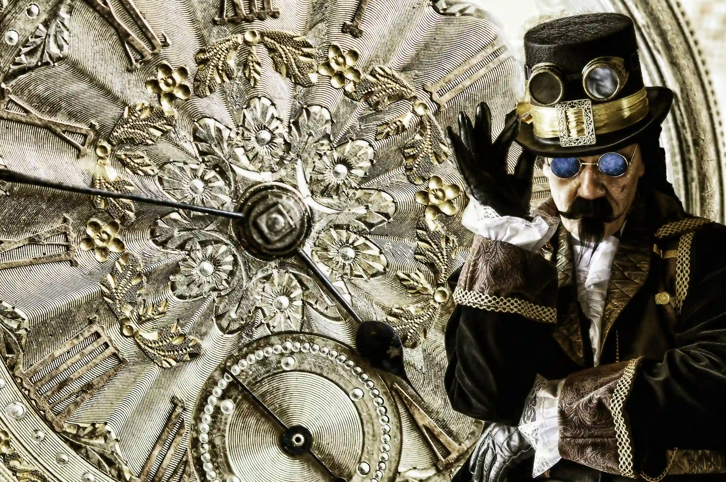 dr. agon (dragon) – cool looking doctor in steampunk style in front of a huge clock face