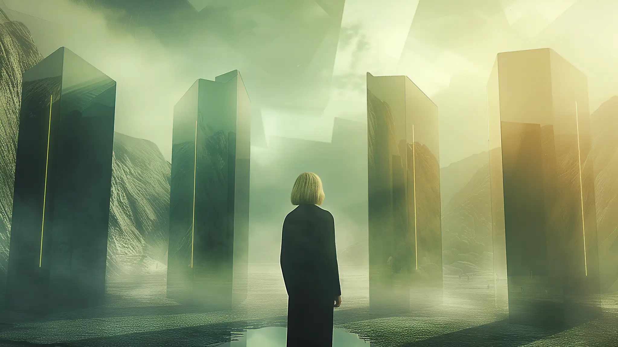a blond woman with black clothing standing in a surreal landscape of reflective blocks in a quarry-like landscape – ai generated