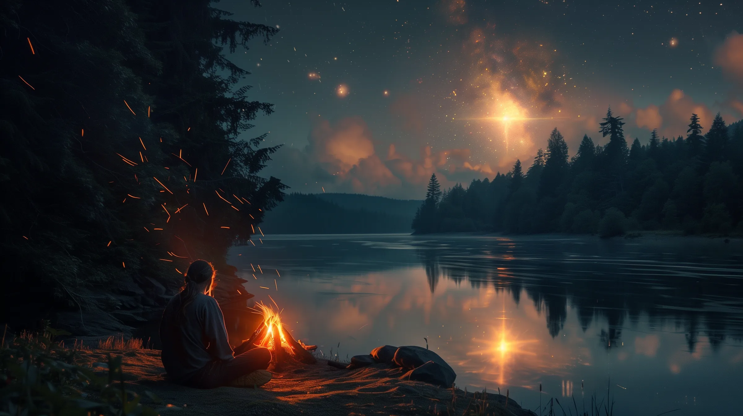 illustration of a man sitting by a campfire on the shore of a calm river that runs through a forest, with a heaven's cross in the sky
