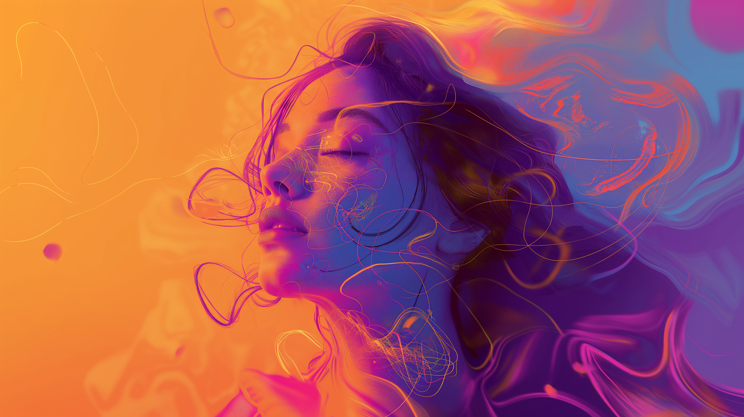 bold abstract illustration of a young woman with bold orange color and pink purple to the right, with more detailed finer swirls covering the whole graphic