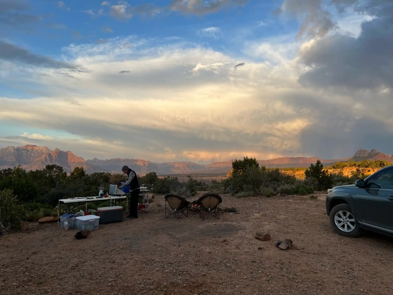 campsite witj scenic view of a desert landscape near utah and nevada, usa