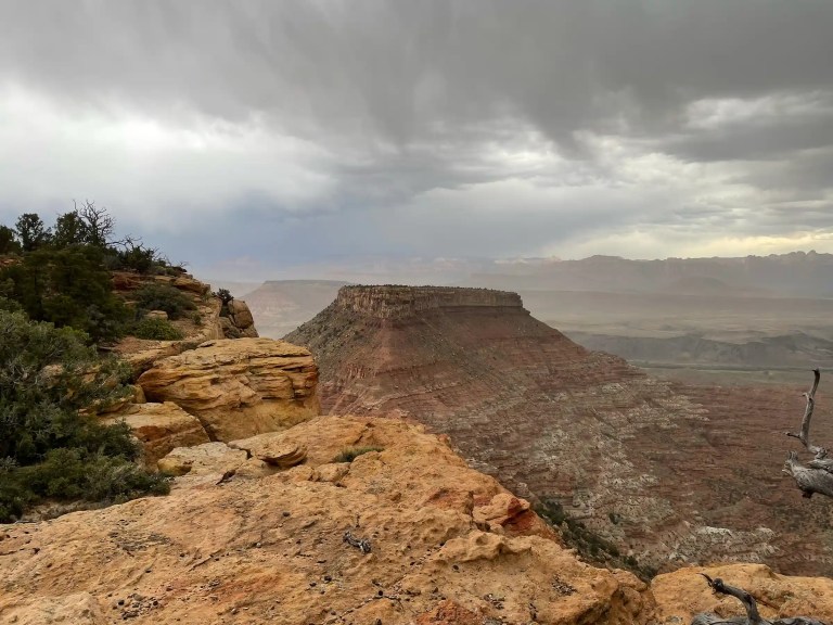 scenic view of a desert landscape with approaching rain near utah and nevada, usa