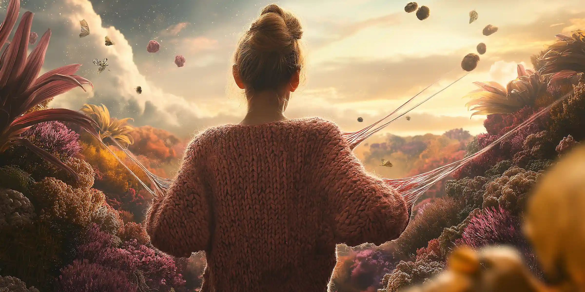 a woman standing in fantasy landscape of made up plants during a sunset, entangled and unraveling a pinkish sweater