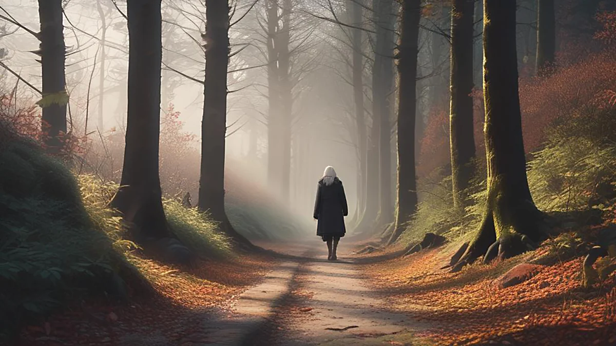 a lonely man in the 17th century walking on a forest road in misty light