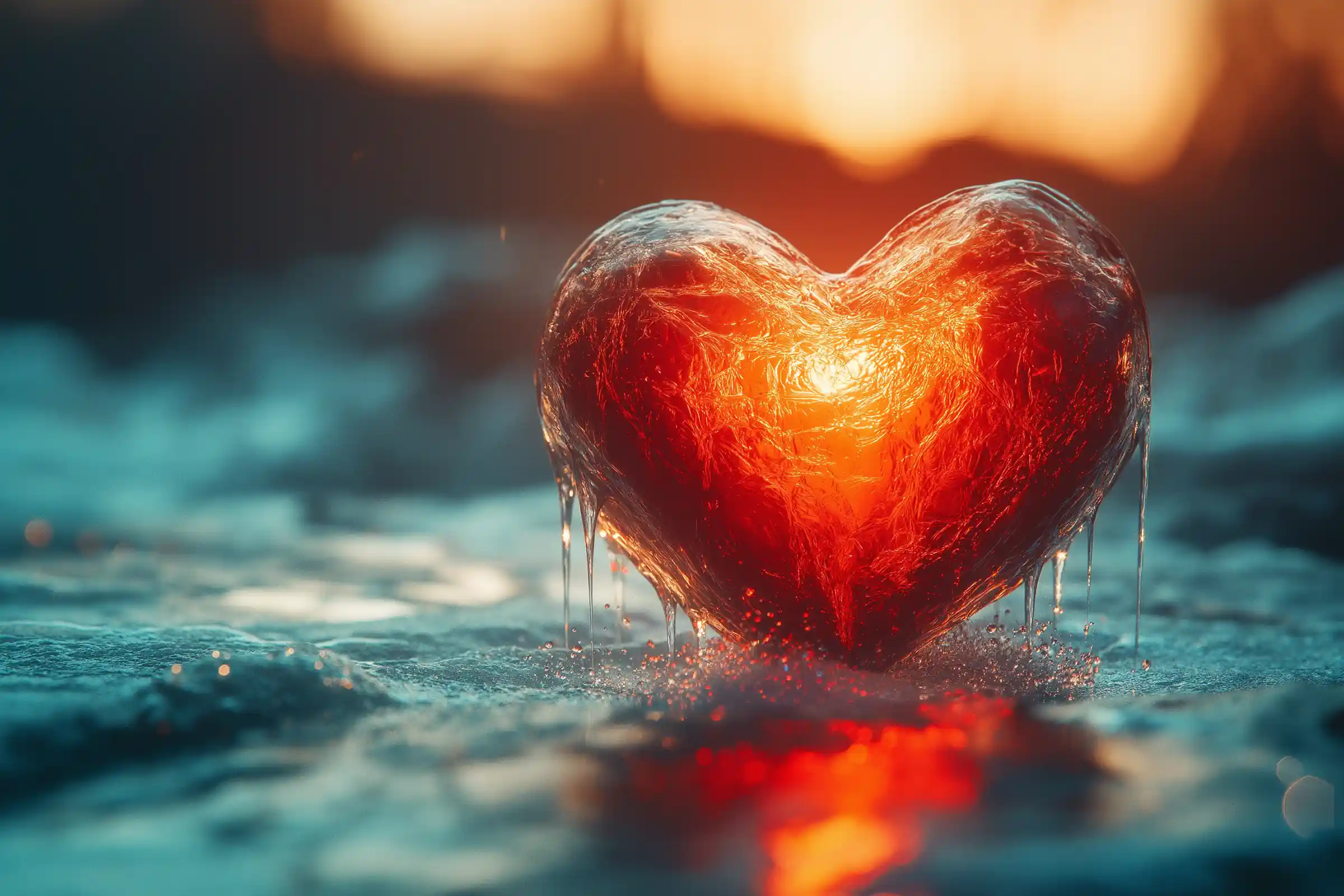 a symbolic warm glowing heart covered in ice and icicles melting