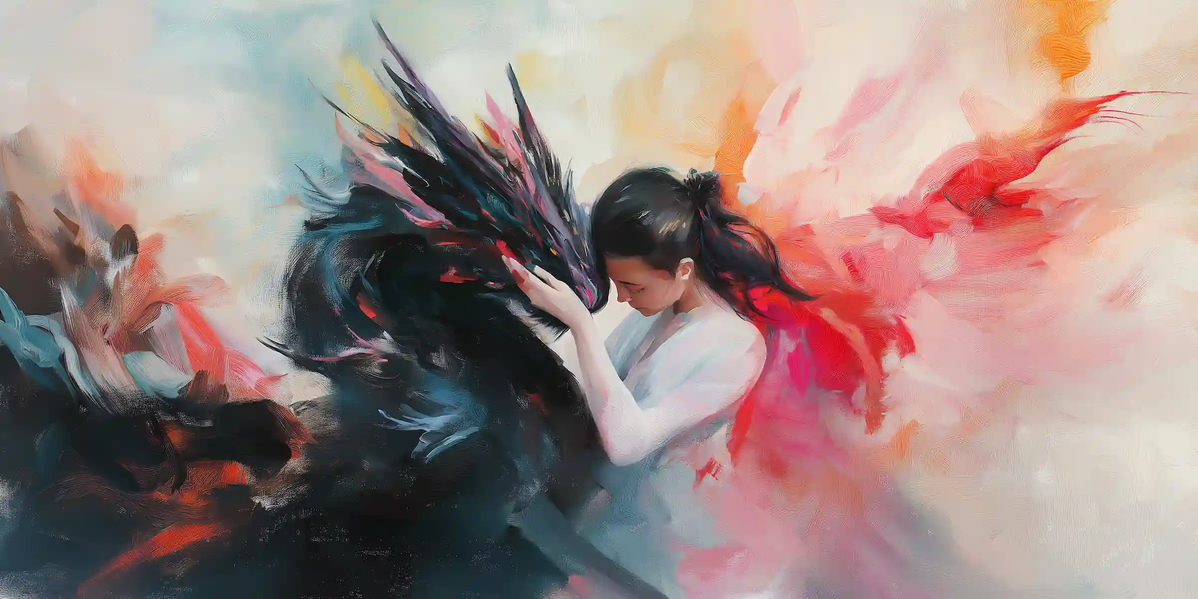 ai oil painting of a woman holding and touch a dragon's head with hers