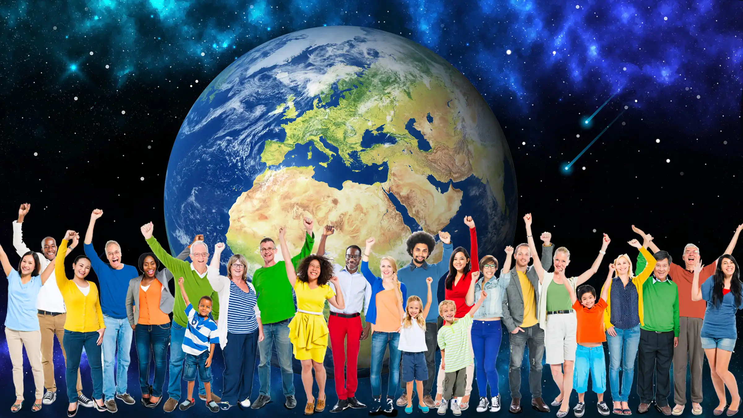 photo collage of a wide variety of different people of all ages and ethnicity, smiling and raising their arms, in front of a portrait of earth set in the back and a starry background