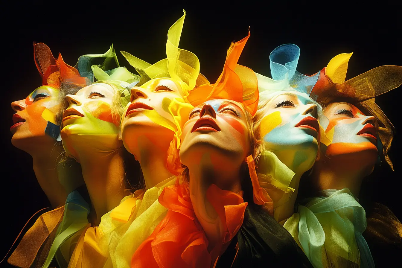 ai photo head-shot compilation of 6 women with colorful scarfs and make-up, side by side, looking upwards