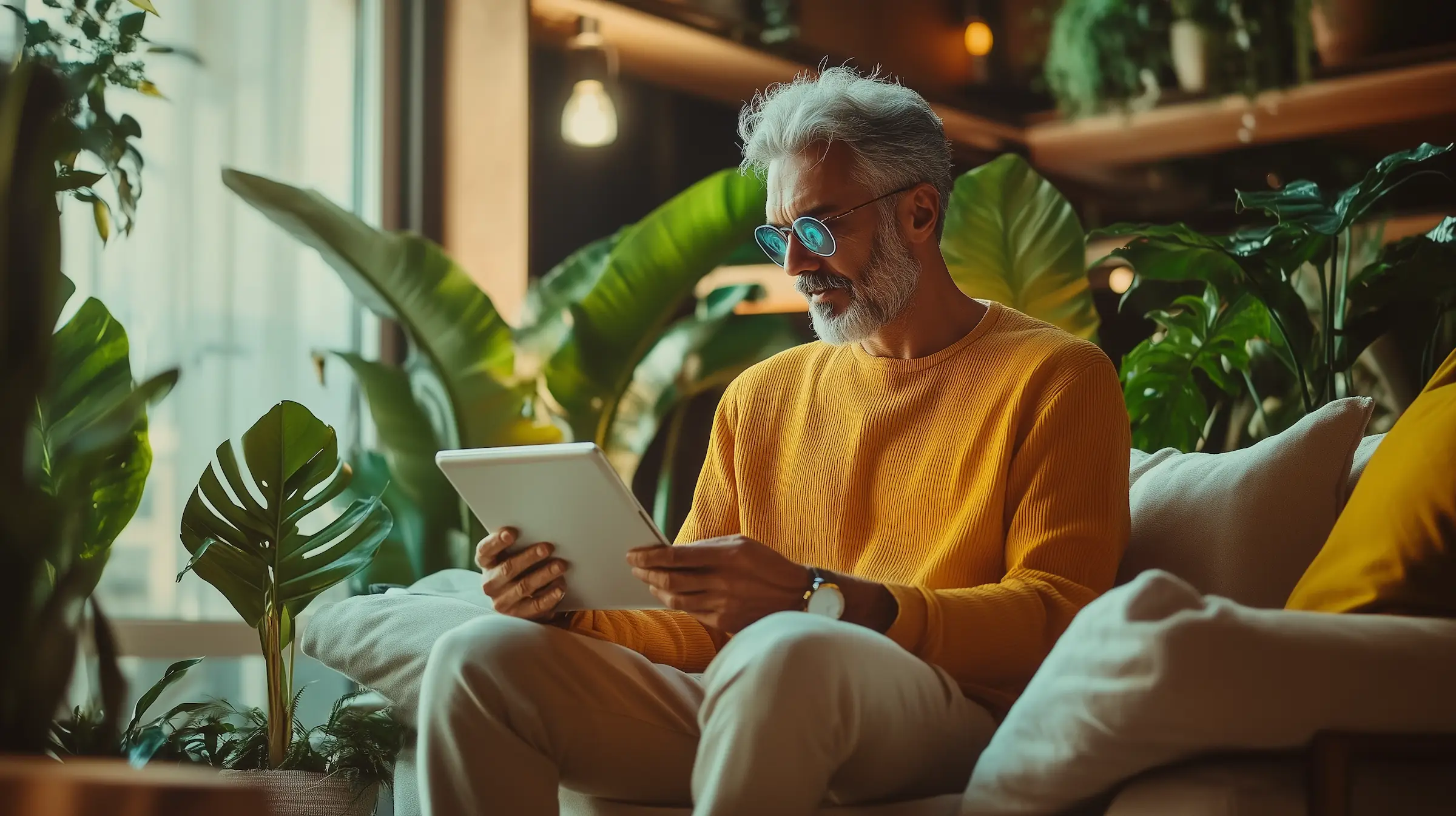 ai portrait of a middle-aged man in a yellow sweater sitting on a couch, surrounded by lots of house plants, wearing round glasses and looking at the tablet he's holding in his hands