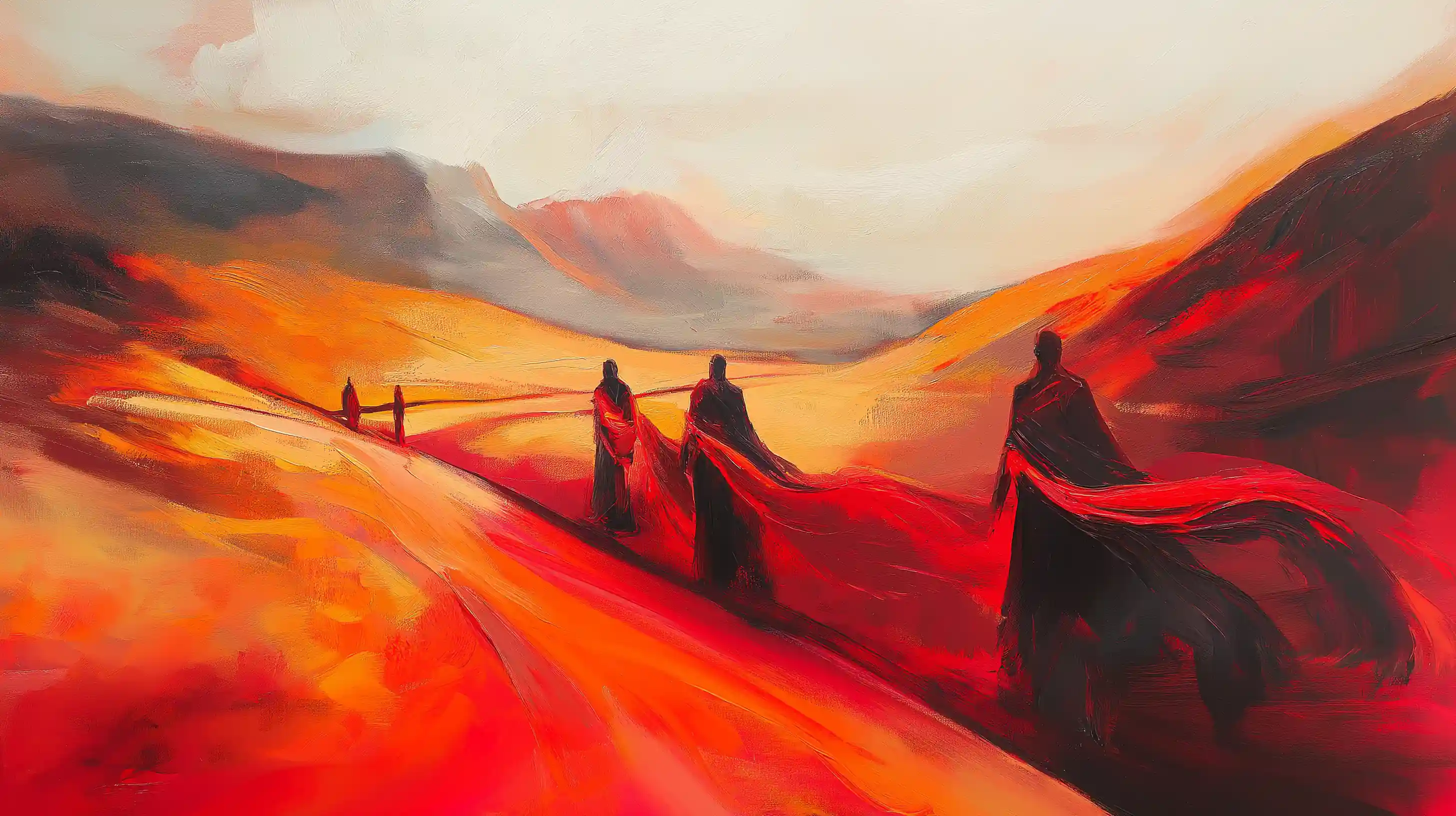 ai oil painting of 5 figues walking on through a desert landscape, dressed in red long clothing