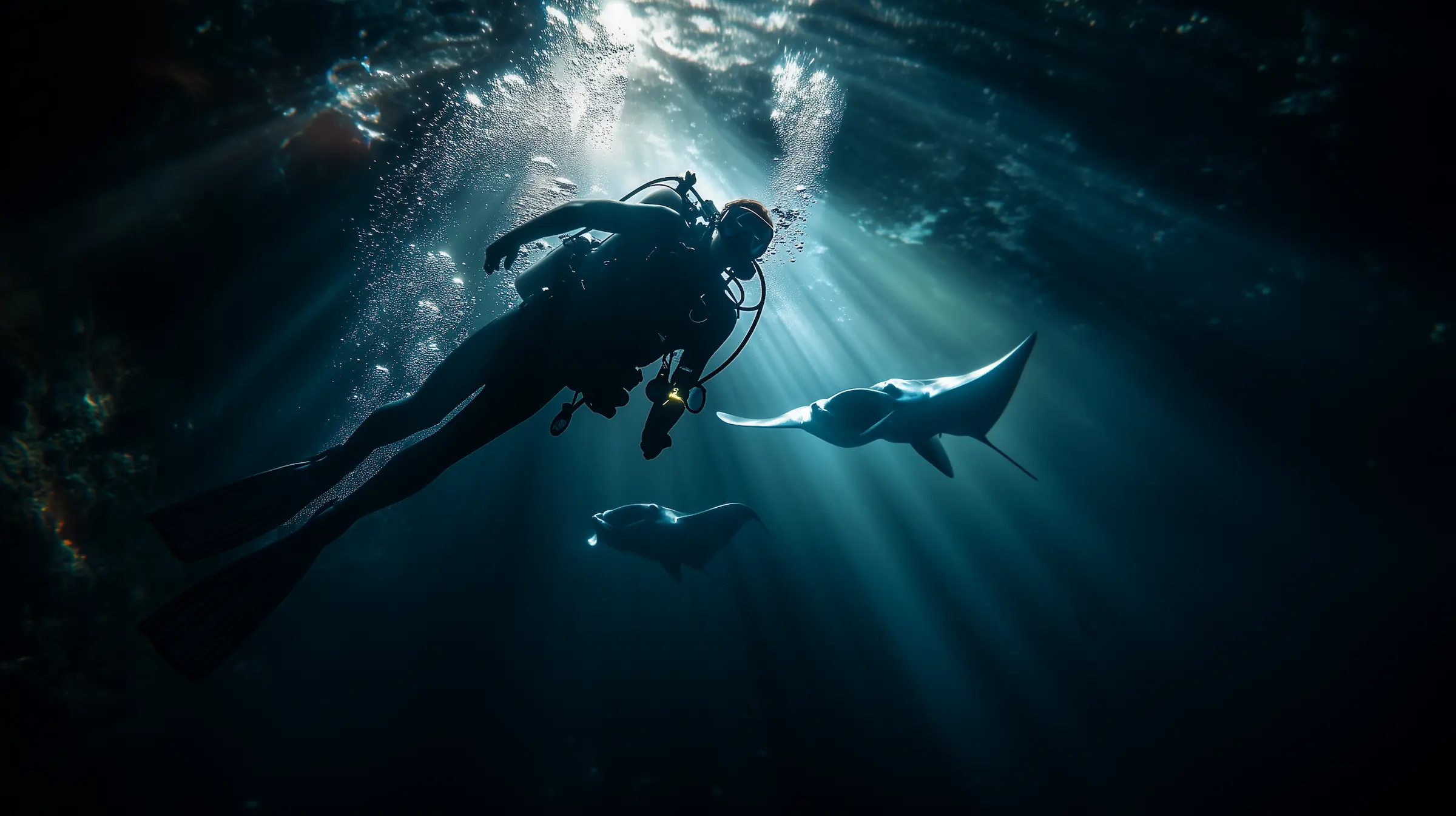 dark ai portrait of a night diver in the water, in the background two manta rays close by, rays of light cutting through the water surface above