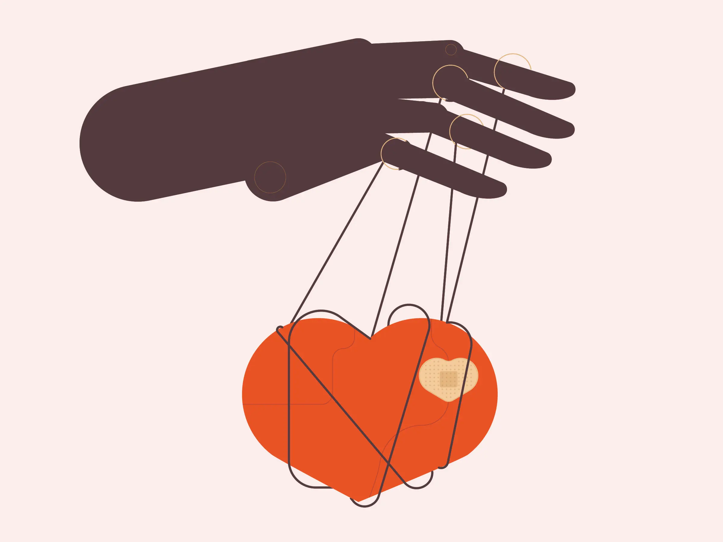 abstract illustration of a hand, holding a "marionetted" heart on strings