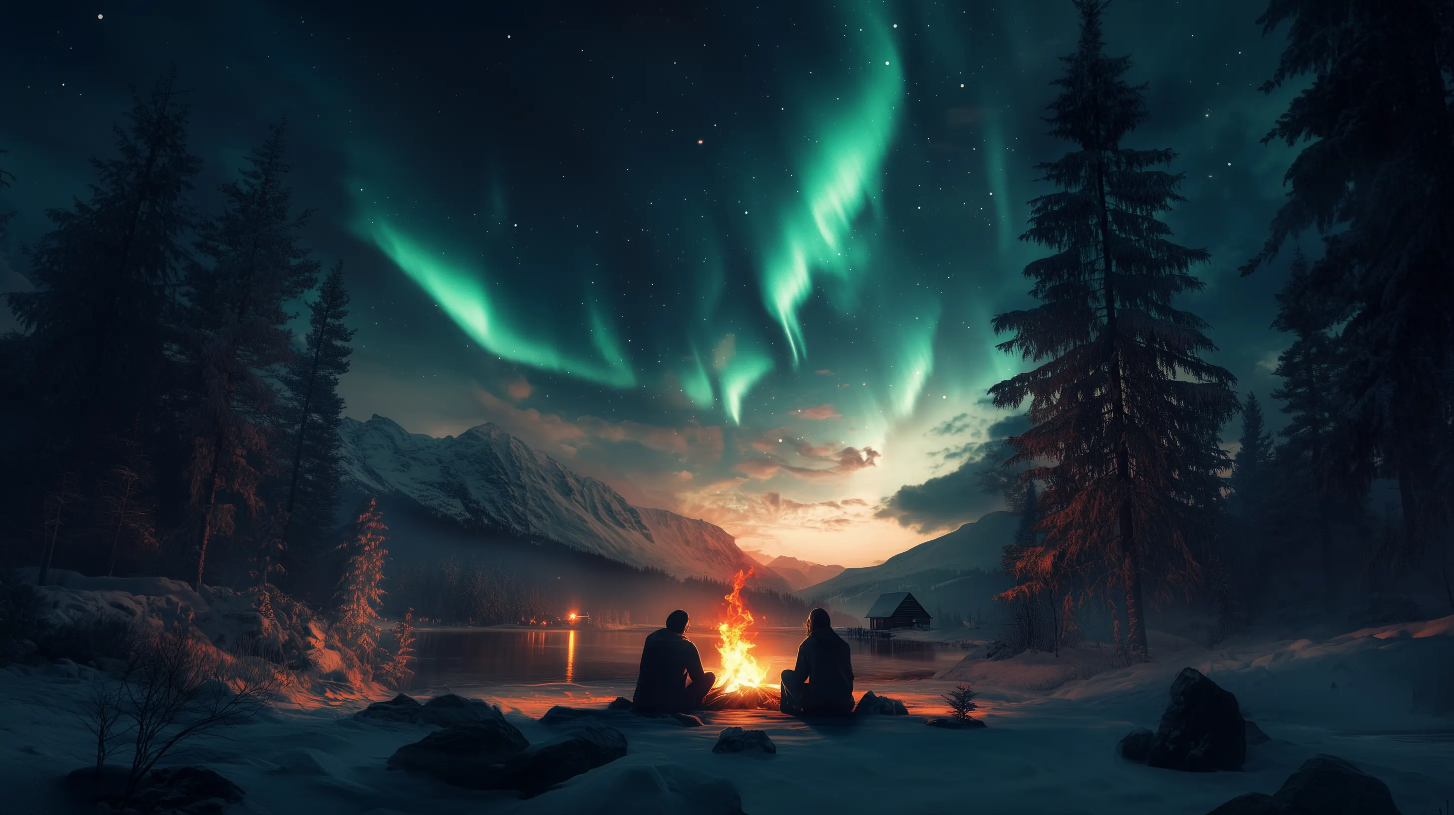 cover of shaumbra magazine issue december 2024, ai illustration depicting two people by a camp fire, looking at a lake and mountains and northern lights visible above