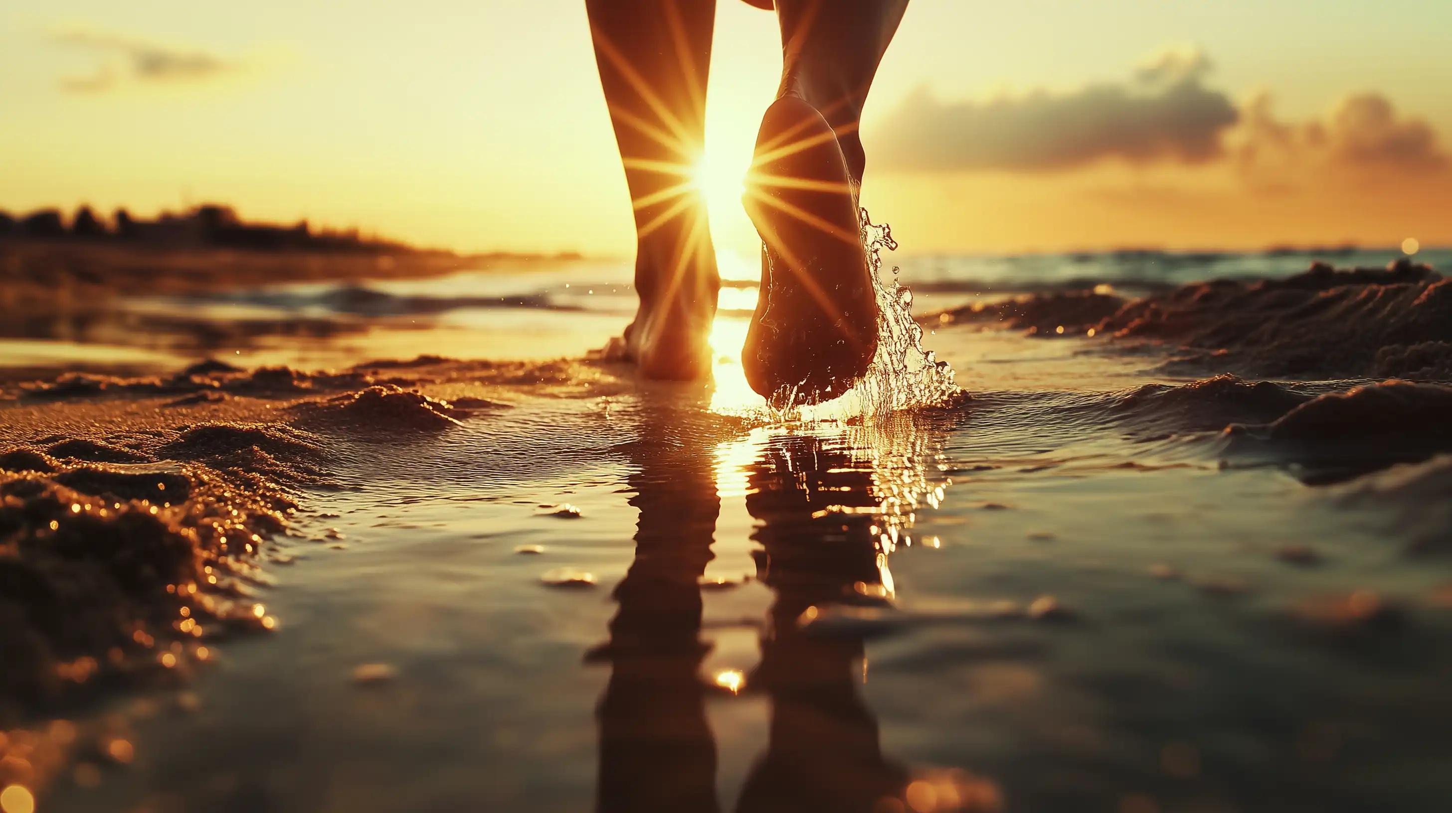 ai photo of an extreme low angle shot of a person walking along the waterline of a sandy beach at sunset, the sun shining through between the ankles