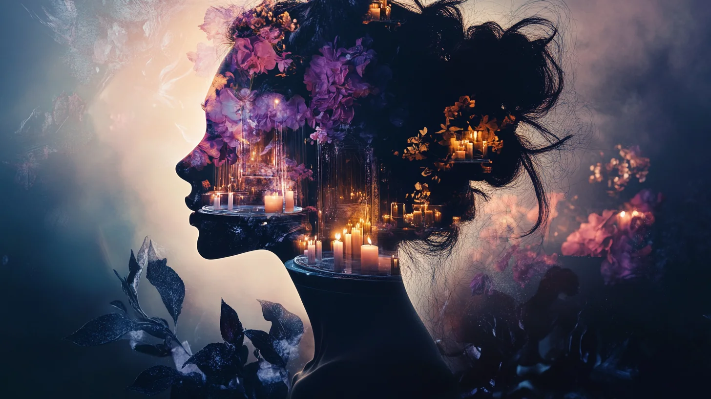 double exposure ai photo depicting a headshot portrait of a woman in dark silhouette from the side with candles and spa like atmosphere within her head and flowers in a hazy background surrounding her