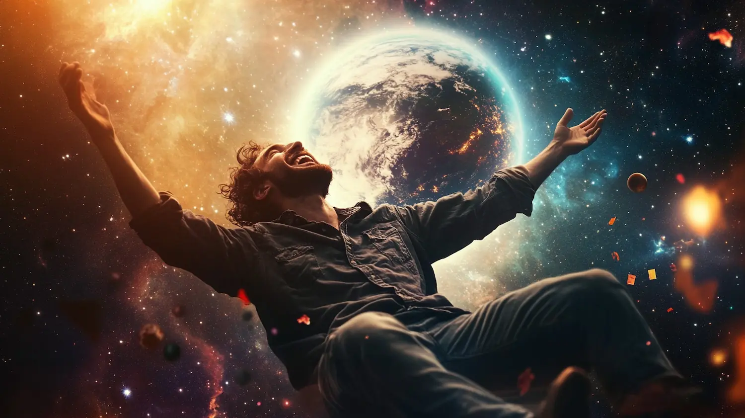 a man floating in space, arms spread wide open, laughing, with the space and earth as a backdrop, ai photo