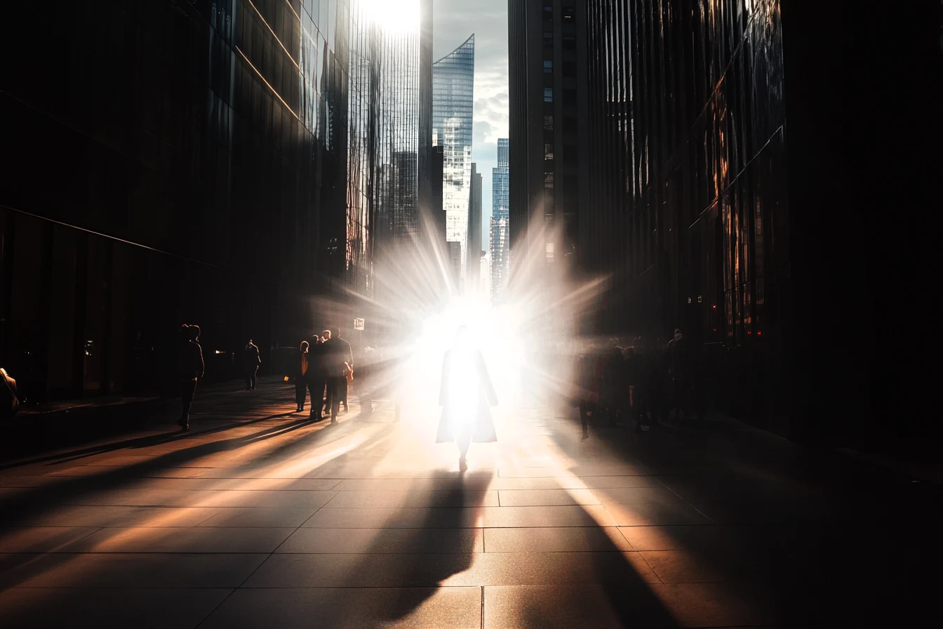 woman in a long coat walking on a downtown pedestrian mall, illuminated by a bright white light that nearly makes her invisible, ai photo