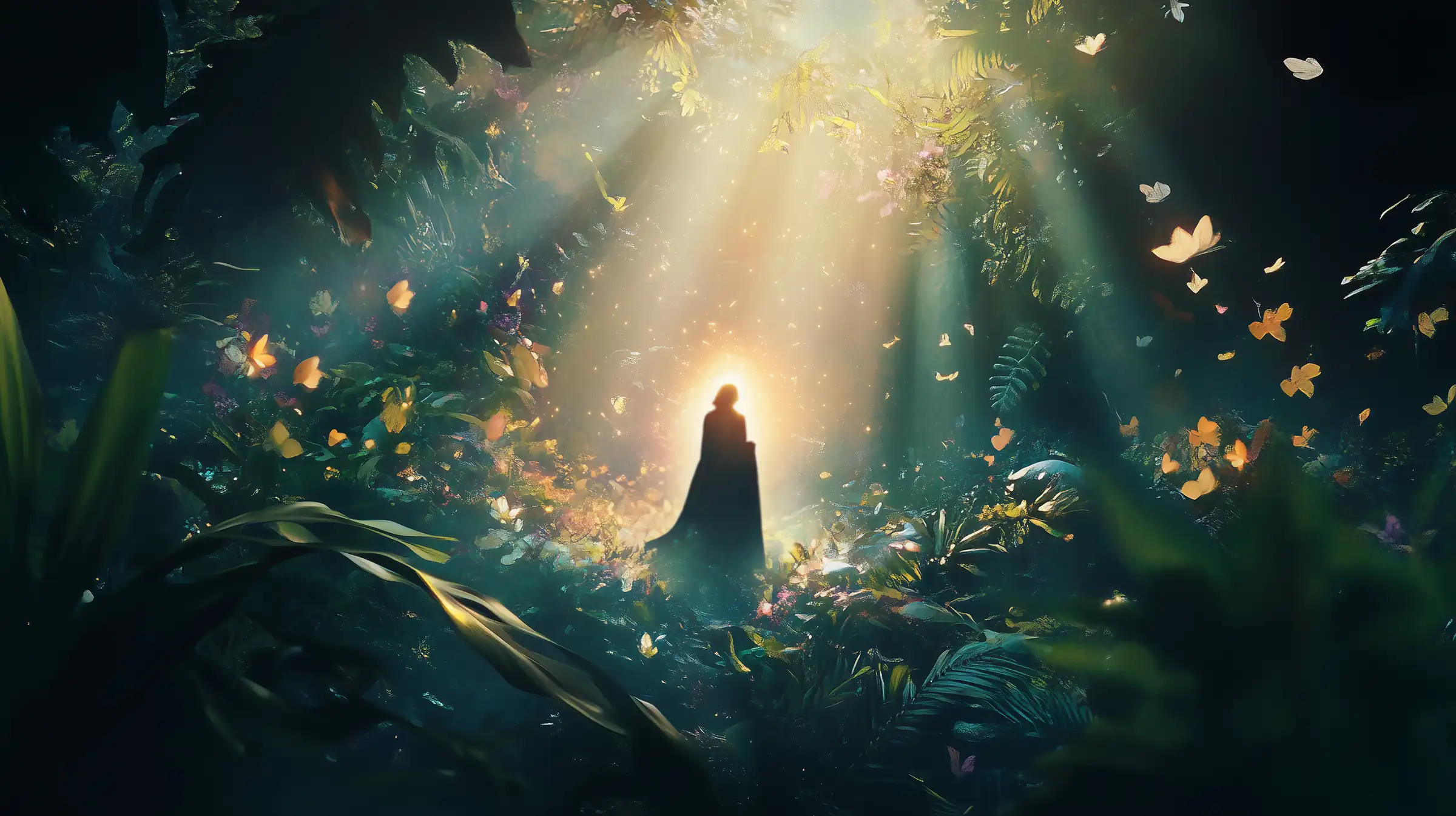 ai illustration of a glowing and radiating woman figure in a magical, lush jungle meadow, sunlight illuminating the scene, butterfly-shaped leaves floating in the air