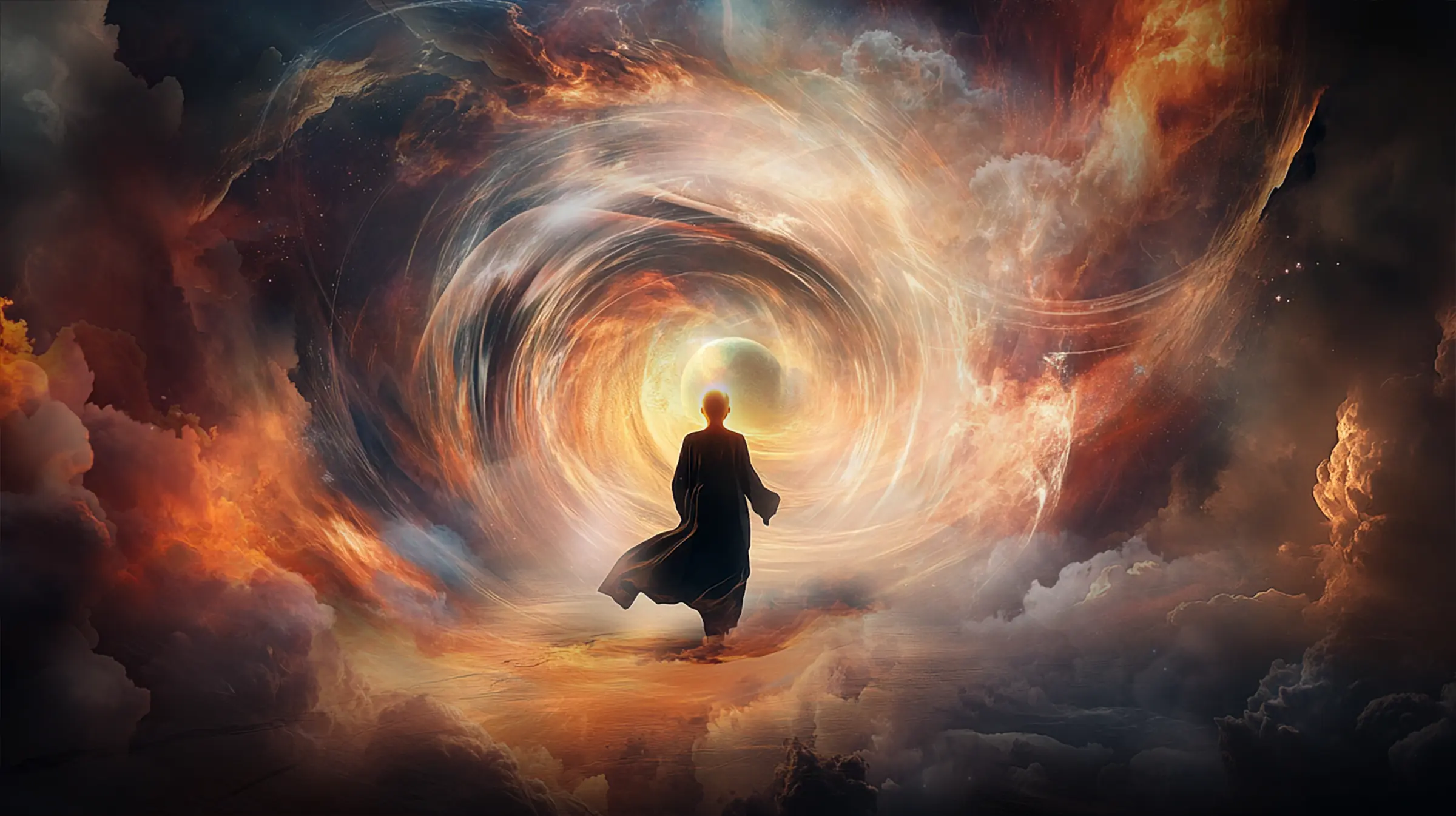 a being on the way to incarnation on earth, walking through orange, yellow and white swirls of light towards planet earth, ai illustration