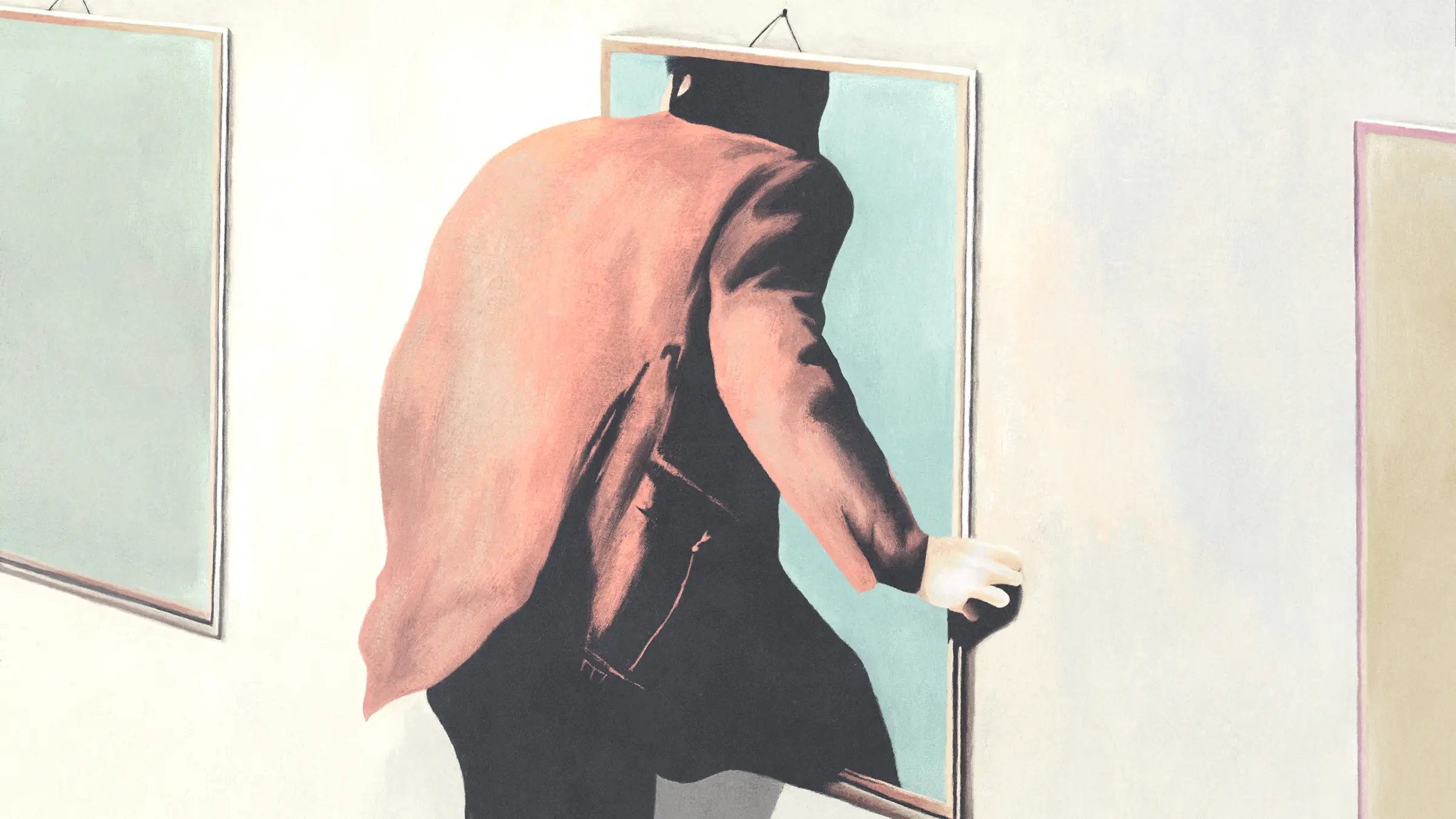 magazine cover image – a sketch of a man climbing through the center of the three picture frames hanging on a wall