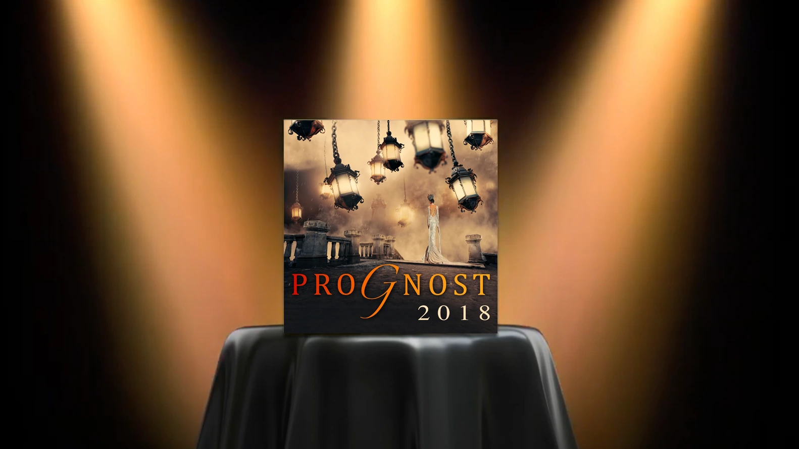 spotlight graphic: bar table with black cloth highlighted by three spotlights, with "prognost 2018" product cover presented on top of table