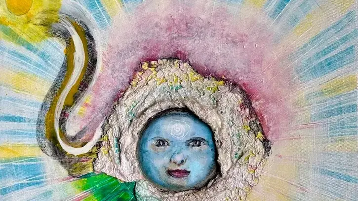 painting of a blue little almost baby face, surrounded by a canvas that looks like sun rays, and a path leading to a sun