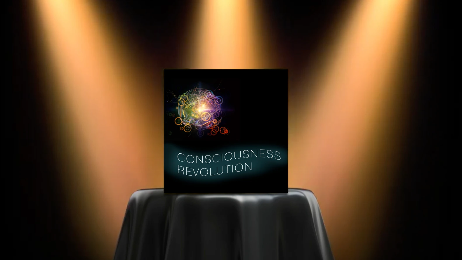 spotlight graphic: bar table with black cloth highlighted by three spotlights, with "consciousness revolution" product cover presented on top of table