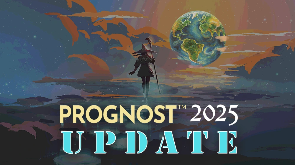 product cover of prognost 2025 – update. illustration depicting a magician with a walking stick navigating through the universe towards planet earth