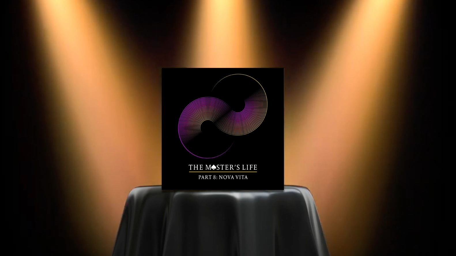 spotlight graphic: bar table with black cloth highlighted by three spotlights, with "the master's life – part 8: nova vita" product cover presented on top of table