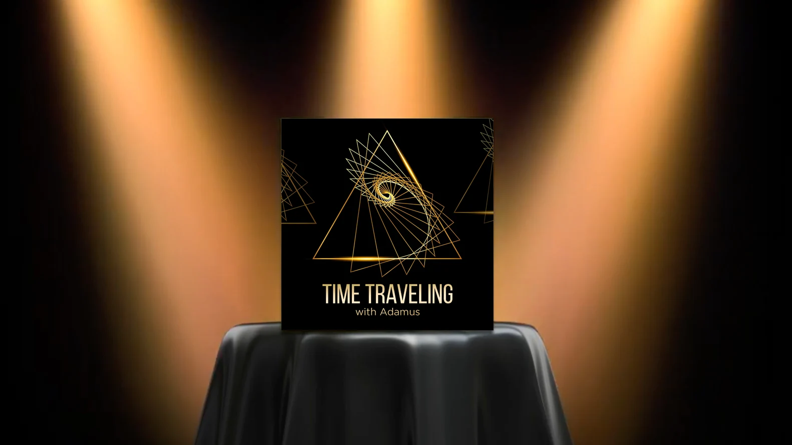 spotlight graphic: bar table with black cloth highlighted by three spotlights, with "time traveling with adamus" product cover presented on top of table