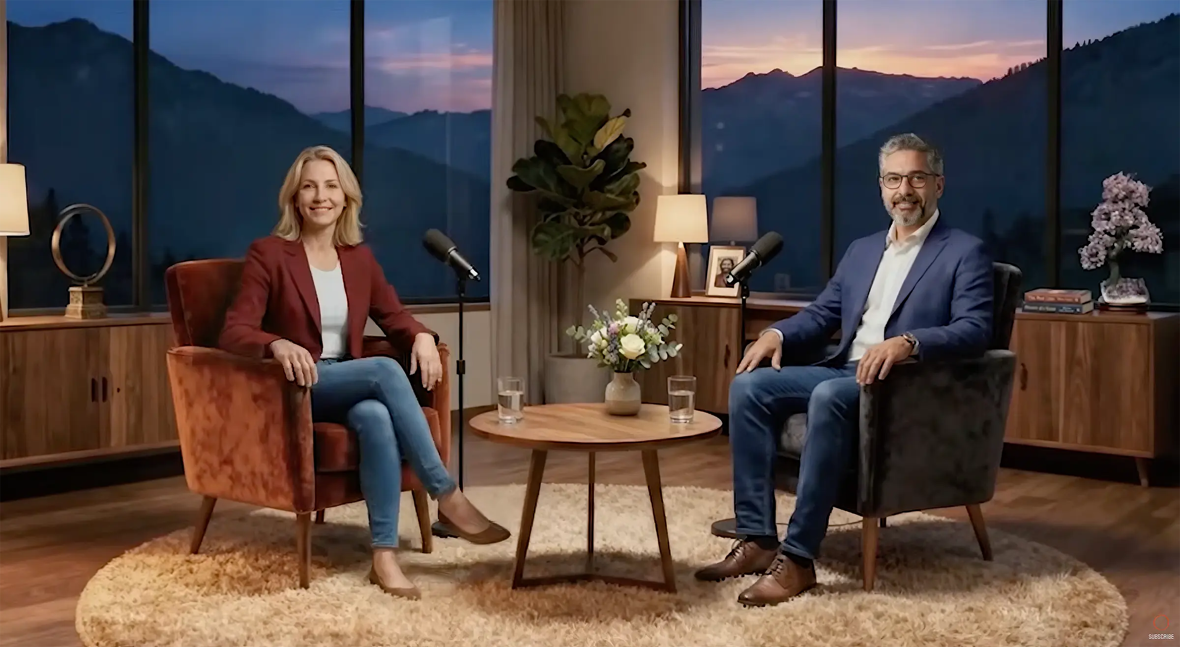 AI generated hosts rachel and julian in their studio setting for crimson circle's new AI podcast series "consciousness decodedTM" – distilling the new metaphysics